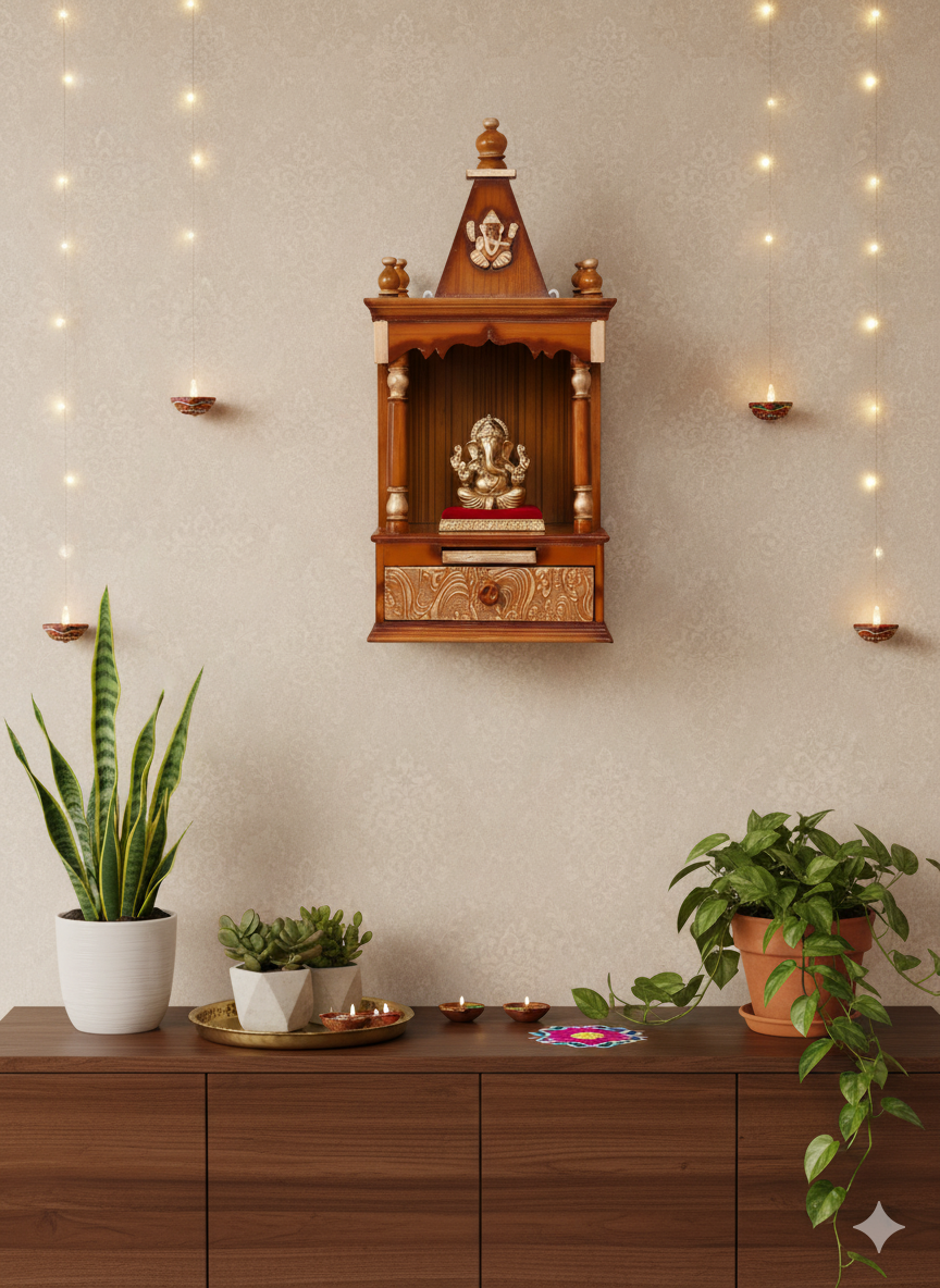 Teak Finish Mini Wall Mandir for Home Temple