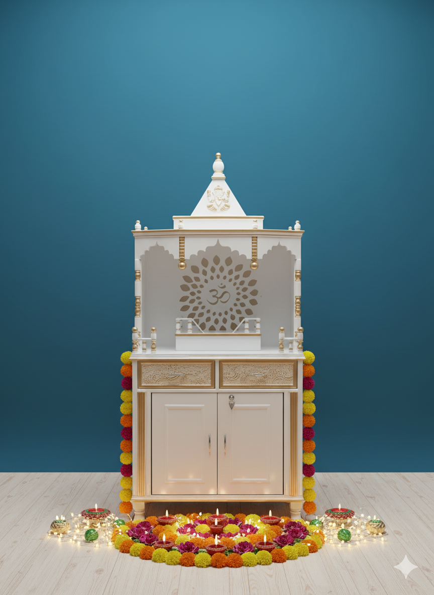 Premium White Wooden Temple For Home Puja