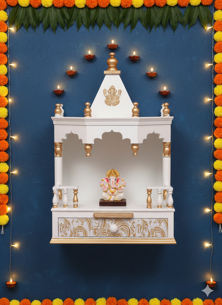 Premium White Wooden Temple Mandir for Home Decor