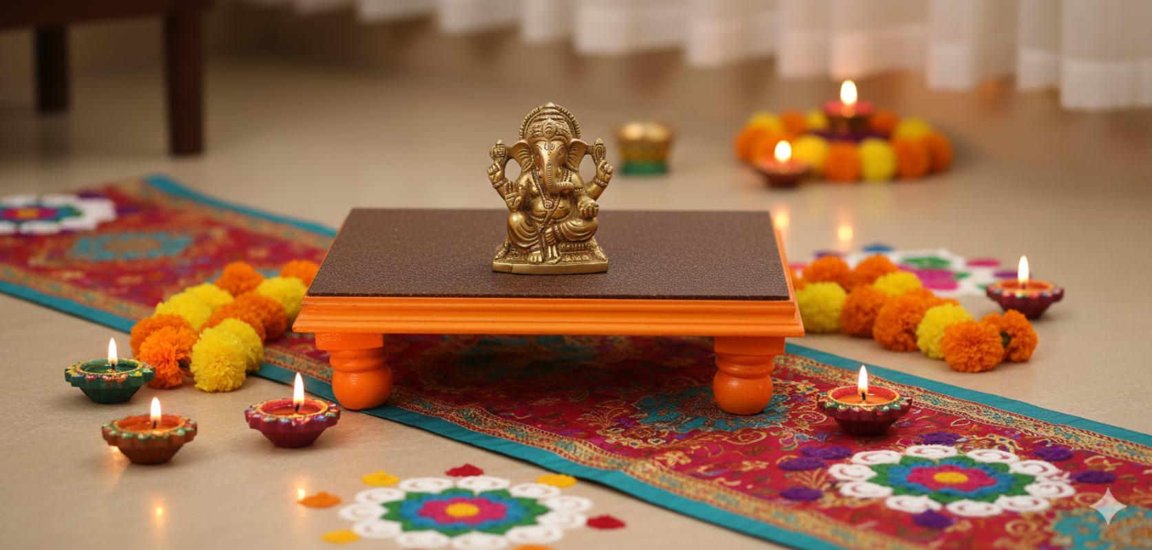 Brown Pooja Wooden Chowki Handcrafted Glossy Finish
