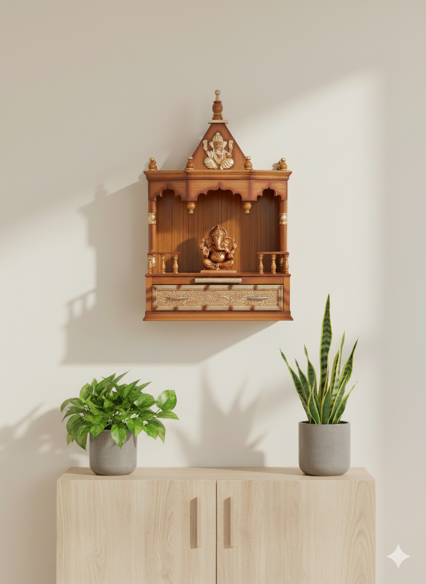 Wall Mounted Teak Wood Pooja Temple For Home Worship