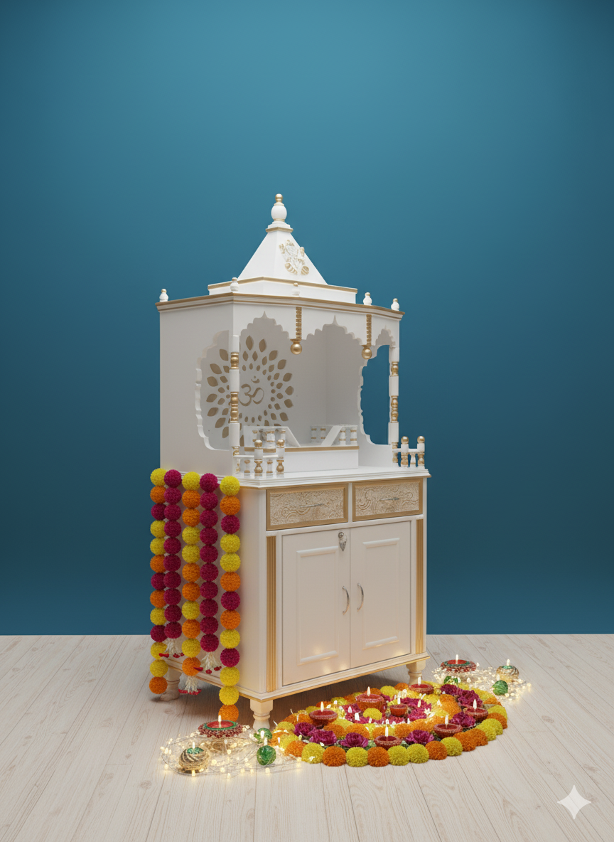 Premium White Wooden Temple For Home Puja