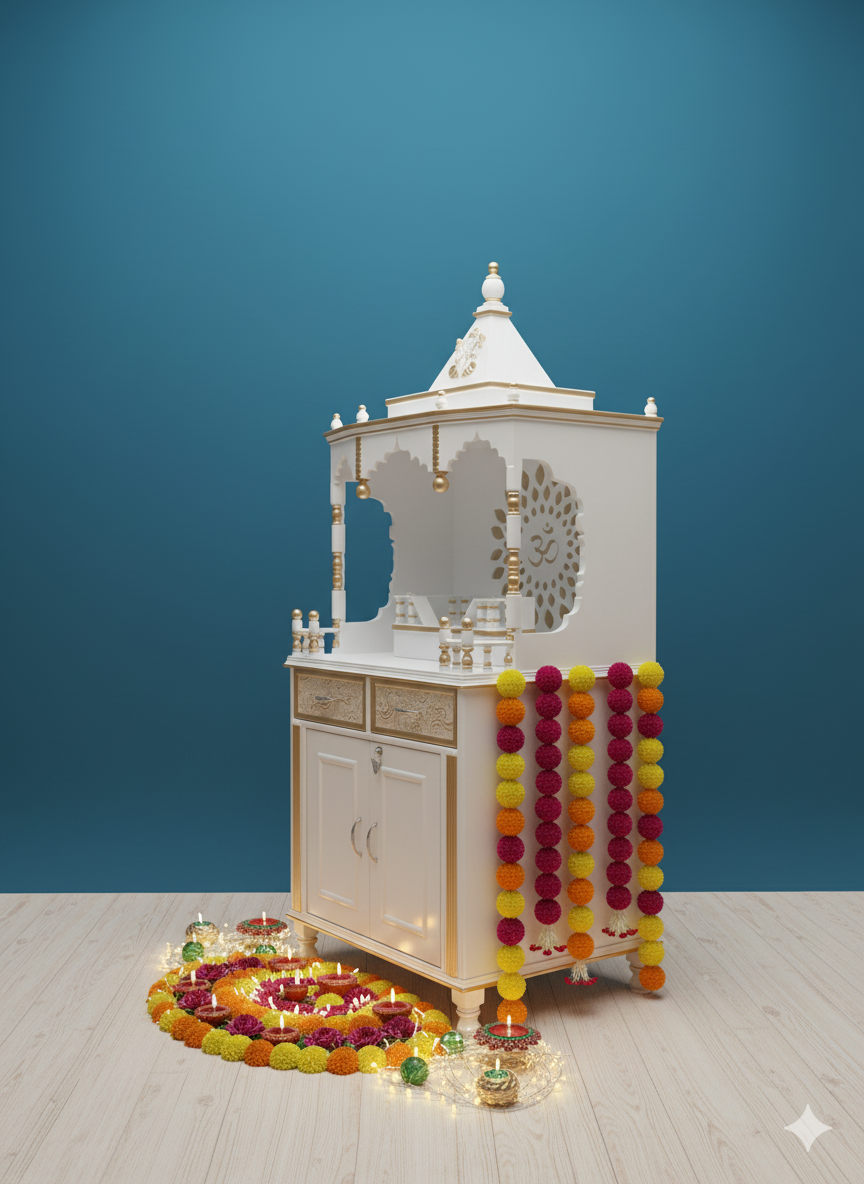 Premium White Wooden Temple For Home Puja